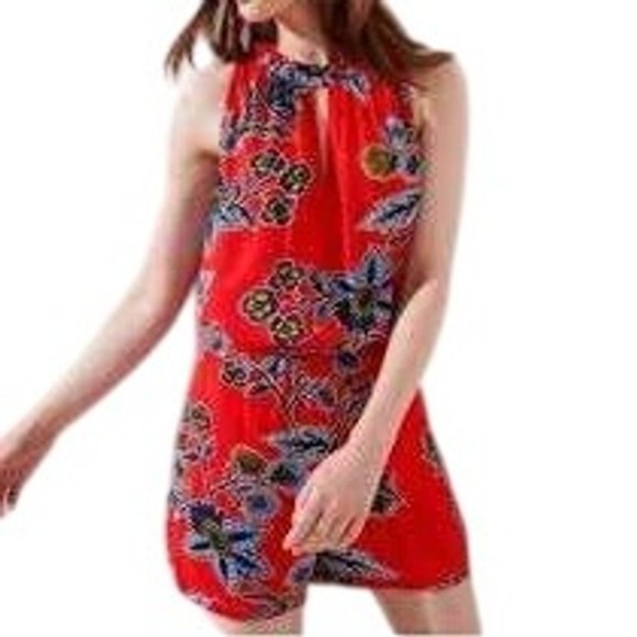 LOFT Pants - LOFT Petites Red Floral Ruffle Neck Sleeveless Romper‎ Size SP
